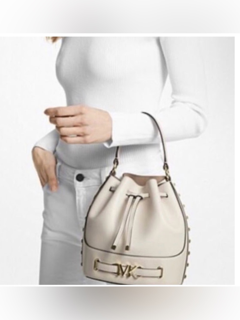 Michael Kors Cream Drawstring Bucket Shoulder Bag with Gold Hardware - Picture 2 of 12